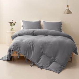 Twin Duvet Cover Washed Microfiber Grey Duvet Cover Set with Bowknot Closure Twin Size 2 Pieces Modern Simple Strap Design for Kids (Twin(66"*90"))