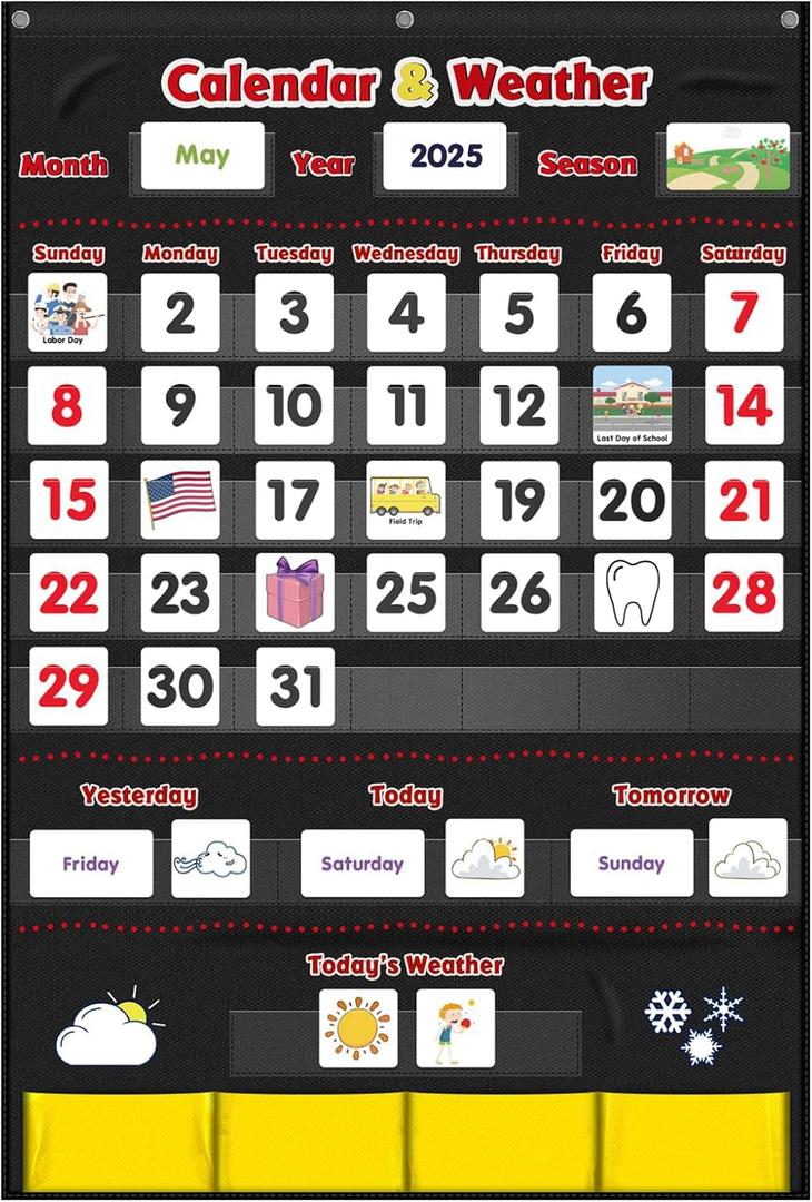 Calendar and Weather Pocket Chart, Classroom Organized Chart, 149 Pieces (Black)