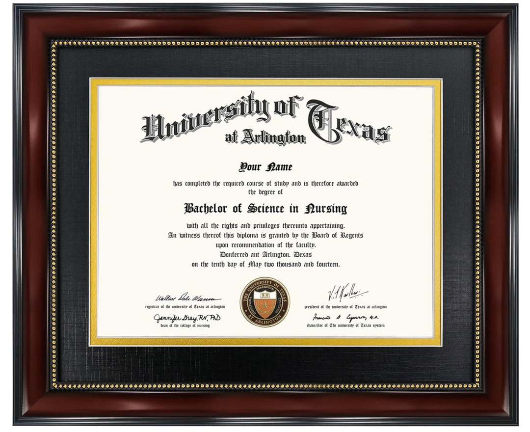 GraduationMall 8.5x11 Diploma Frame with Black over Gold Mat or Display 11x14 Document without Mat, UV Protection Acrylic, Mahogany with Gold Beads