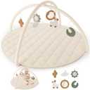 Beautiful Baby Play Gym and Tummy Time Mat - Soft Cotton Mat with 6 Cute Toys Creates The Perfect Activity Area for Your Girl/Boy - Stylish Infant Floor Playmat Fits Nicely with Any Playroom Decor (Beige)