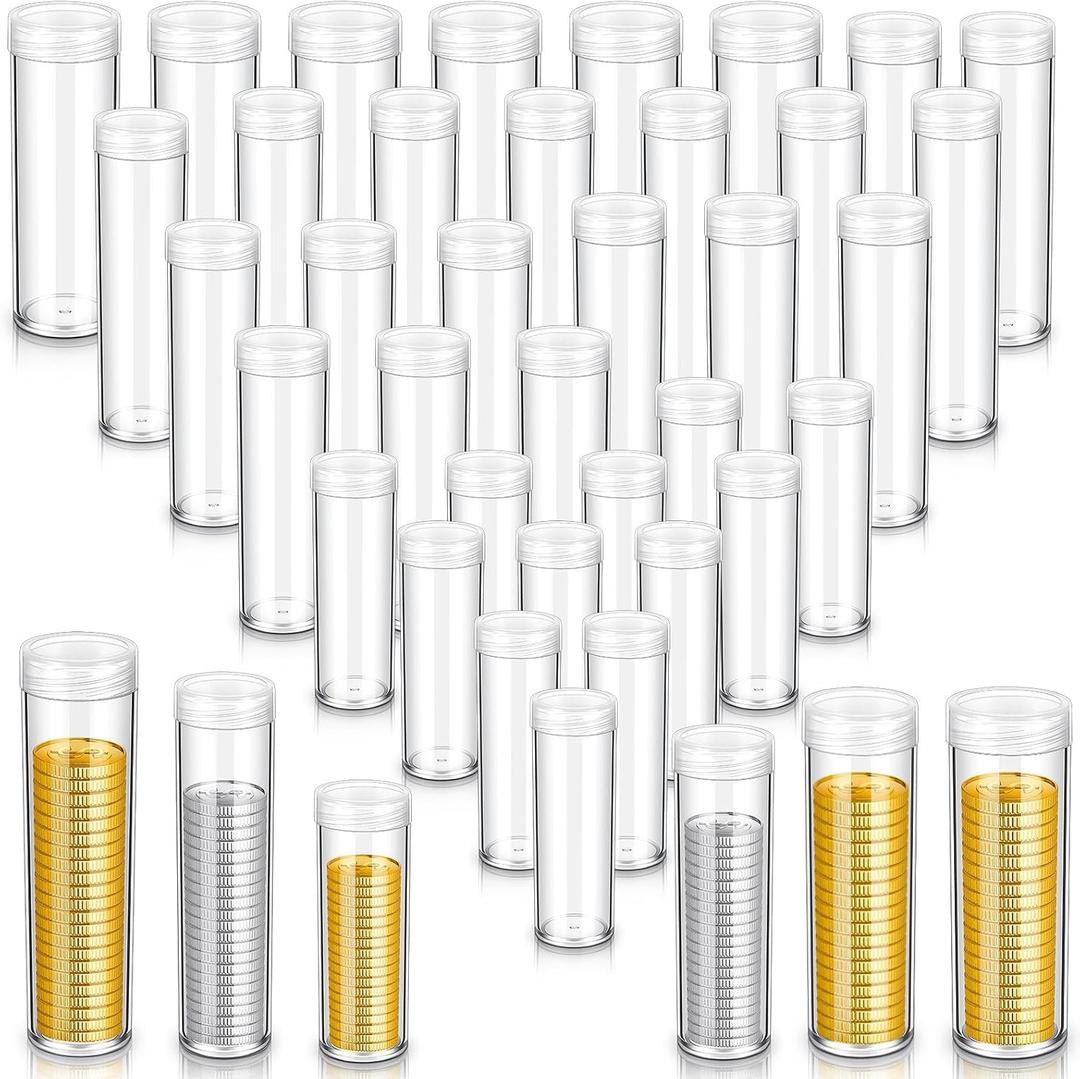 Yaomiao 36 Pcs Plastic Coin Tubes Assorted Sizes Nickel Dime Storage Tubes with Lid Quarter Storage Holders Half Dollar Containers Round Dollar Collection Supplies
