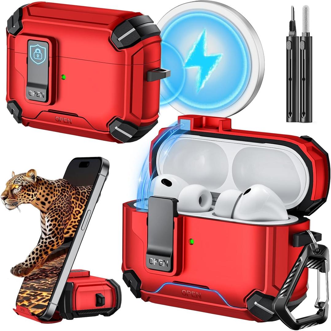 Inesore for AirPods Pro 3 Case (2025) with Phone Stand & Cleaning Kit, Compatible with Magsafe, Magnetic Automatic Lock Cover for AirPods Pro 3rd Generation, Red
