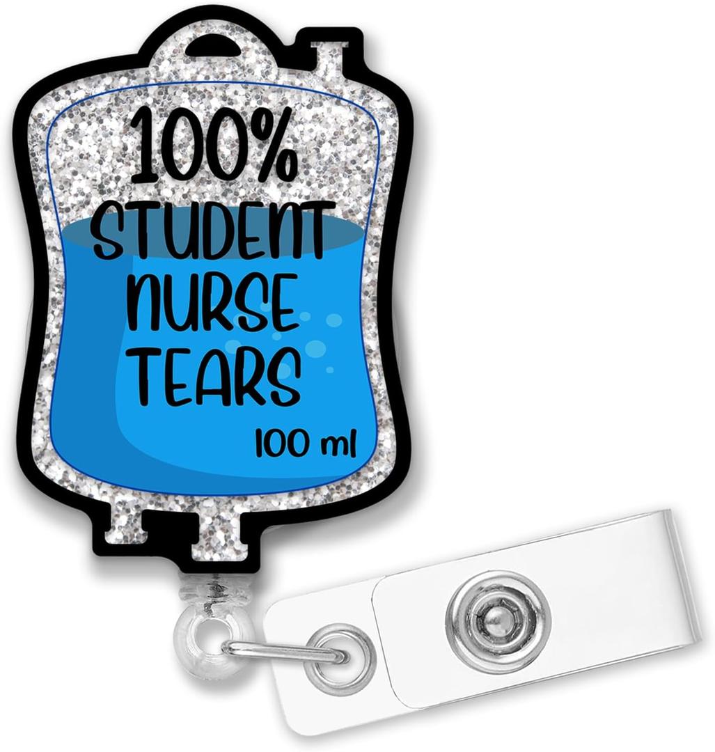 2 x Retractable 100% Student Nurse Tears Badge Reel with Alligator Clip, Funny Silver Glitter Saline Pack Badge Holder Gift for Doctors Murses Nursing School Students Medical Graduation