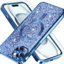Misea Magnetic for iPhone 15 Plus Case Compatible with MagSafe [Military Grade Drop Protection] Full Camera Lens Protector Plating Glitter Soft Phone Case for Women Girls, Blue