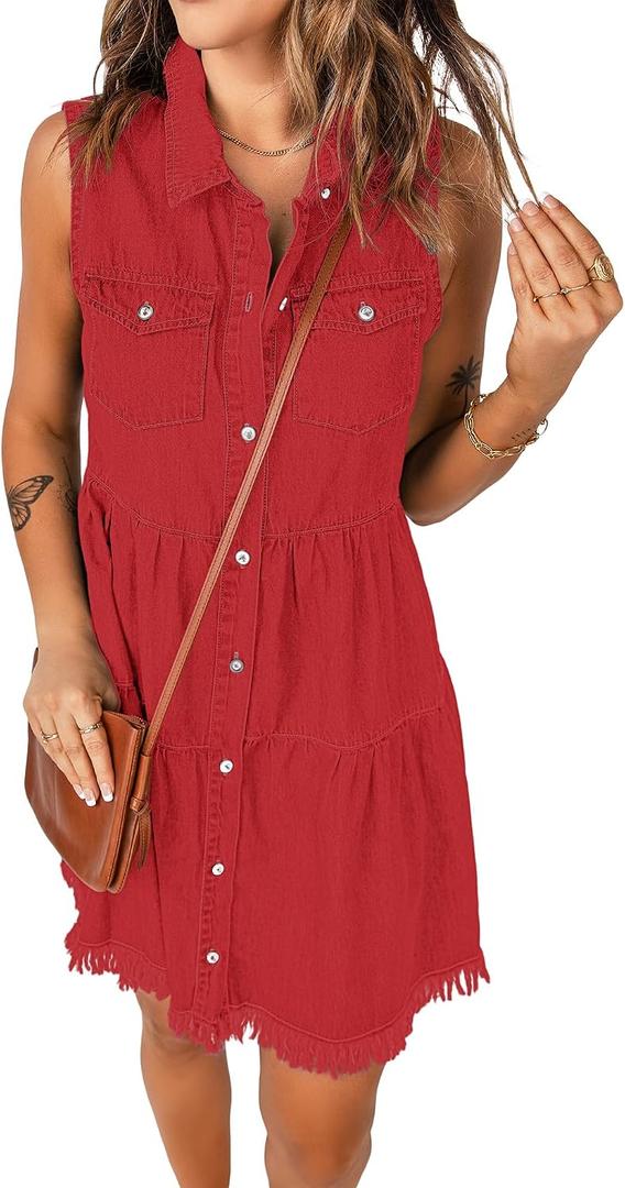 luvamia Women's Casual Summer Lapel Sleeveless Button Down Short Denim Jean Dress M 
