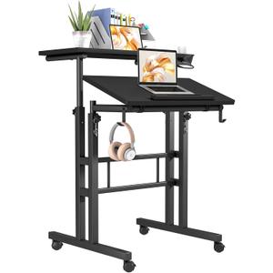 Klvied Height Adjustable Mobile Standing Desk, Tiltable Laptop Desk with Cup Holder & Hook, Portable Rolling Desk with Lockable Casters, Home Office Workstation for Standing/Sitting, Black