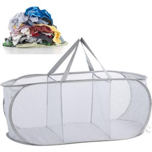 Foldable Laundry Basket, 3 Section Collapsible Laundry Baskets Laundry Hamper Clothes Basket for Bathroom Dorm Travel, Mesh Oxford Cloth (Gray)