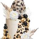 51 Pcs Boho Cheetah Cake Toppers Palm Leaves Flowers Cake Decorations Mini Balls Cupcake Dried Reed Grass Decor for Boho Home Wedding Baby Shower Baby Boy Girl Birthday Themed Party Supplies