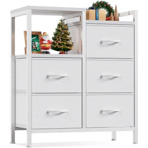 Furnulem 5 Drawer White Dressers for Bedroom 2 Tier Shelf Storage Small Fabric Dresser for Closet Sturdy Metal Frame Modern Style Storage Cabinets Organization Units for Hallway Rooms