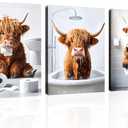OWNANRTHM Highland Cow Bathroom Canvas Wall Art Funny Animals Bathroom Picture Cow Bathroom Wall Art Animals on Toilet Painting Animals in the Bath Poster for Bathroom Framed 12" x 16" x 3 Pieces