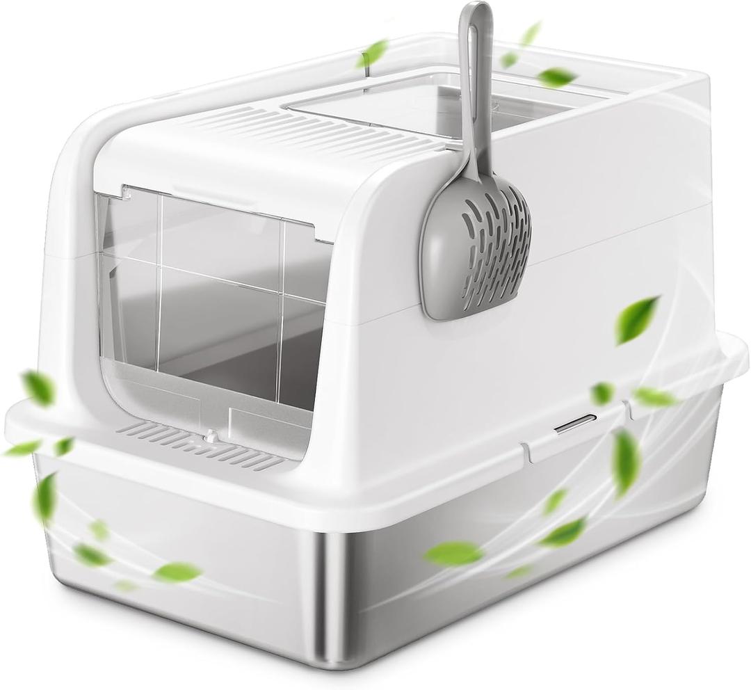COURPAL Stainless Steel Cat Litter Box with Lid - XL Large Enclosed/Open Litter Box with Anti Leakage Enclosure - Odor Free Hooded Litter Tray - Metal Covered Litter Pan Non-Stick Easy to Clean