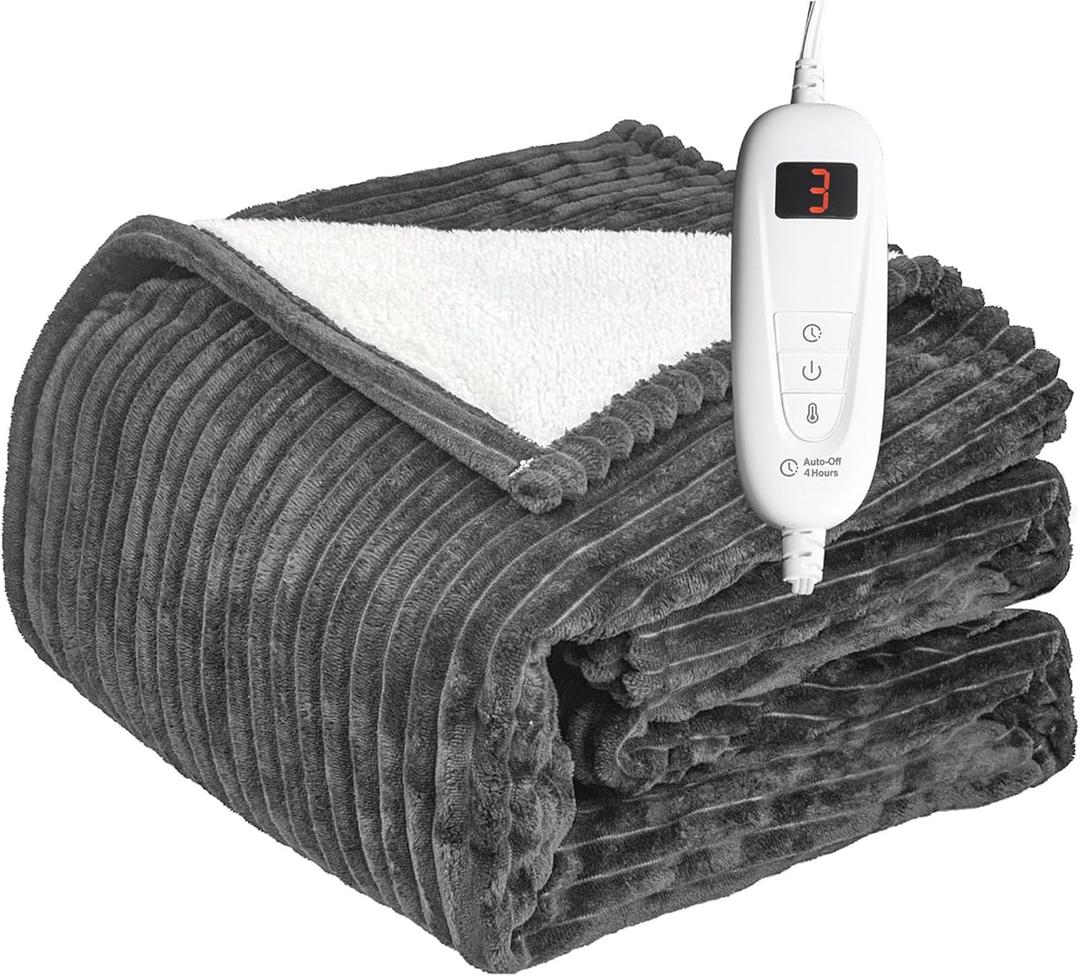Tefici Heated Blanket Throw Electric Blanket Throw,50"x60" Heating Blanket, 6 Levels Fast Heating, 1-4 Hours Auto Off, Soft Flannel to Sherpa,Machine Washable, ETL&FCC Certified Grey