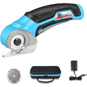 Cordless Electric Scissors, Electric Box Cutter for Cardboard with 2 Blades, Rapid Charger & Case, 4V 2500mAh Long-Runtime Battery - Cuts Cardboard, Fabric, Carpet & More (Blue)