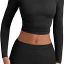 YFANG Women's Sexy Two Pieces Pencil Mini Skirt Set Long Sleeve Crew Neck Crop Top Short Bodycon Skirt Outfits (Black, M)