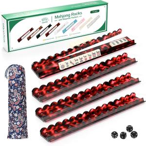 Mahjong Racks with Magnetic Pushers, Set of 4, 20 Inch Red Tortoise Premium Thickened Acrylic Scalloped Mahjong Racks with Pushers for American Mahjong, Gift for Mahjong Lovers