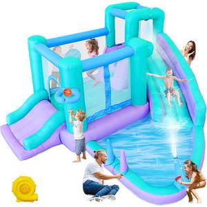 Bestsun Inflatable Bounce House Water Slide, 141 x 138 x 78 Inches Blow Up Water Slides, Splash Pool, Basketball, Ring Toss Game, Target Balls, Water Cannon, Climbing Wall, Blower Included