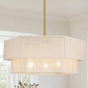 19.7" Hand Woven Rattan Drum Chandelier,Adjustable Boho Pendant Light,Modern Gold Coastal Pendant Light for Kitchen Island, Dining Room,Living Room,Bedroom, Foyer,White,UL Listed,E26 Socket