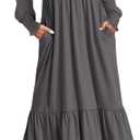 ZESICA Women's Spring Long Sleeve Dress 2025 Crewneck Casual Loose Pleated Tiered Swing Midi Dresses with Pockets (X-Large, Darkgrey)