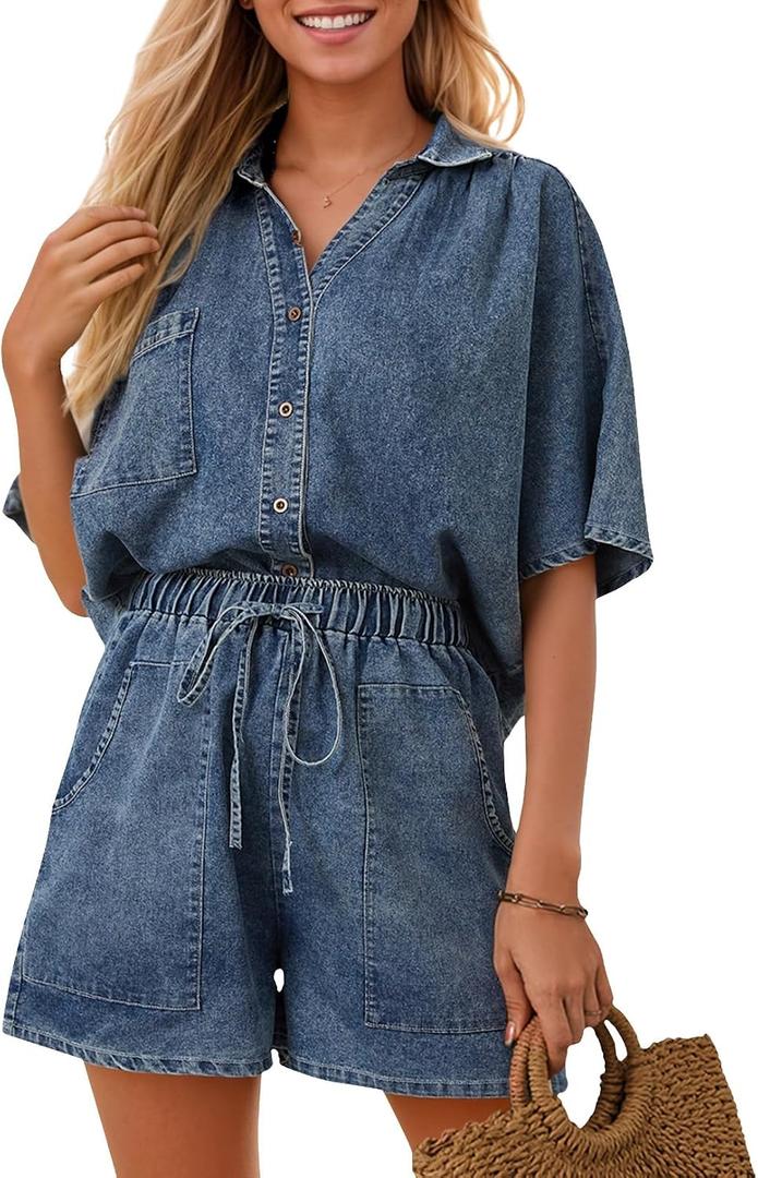 Zilcremo Womens 2 Piece Outfits Summer Denim Sets Short Sleeve Button Down Crop Jean Shirts High Waist Denim Shorts Sets, XS