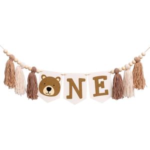 Bear Highchair Banner 1st Birthday - Beary First Birthday High Chair Banner, Bear Theme Party Supplies Decor for Anniversary, Cake Smash, Photo Prop (Tassels)