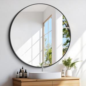 Black Round Mirror 30 inch Large Circle Mirror, Aluminum Alloy Metal Frame Bathroom Mirror, Round Wall Mirror, Circle Mirrors for Wall Entryway Bedroom Living Room