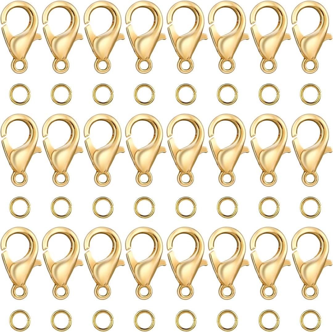 Grevosea 300PCS Lobster Claw Clasps with Open Jump Rings 12mm Metal Lobster Clasps for DIY Craft Bracelet Jewelry Making (Gold, Clasp: 12x7mm+Ring:5mm)
