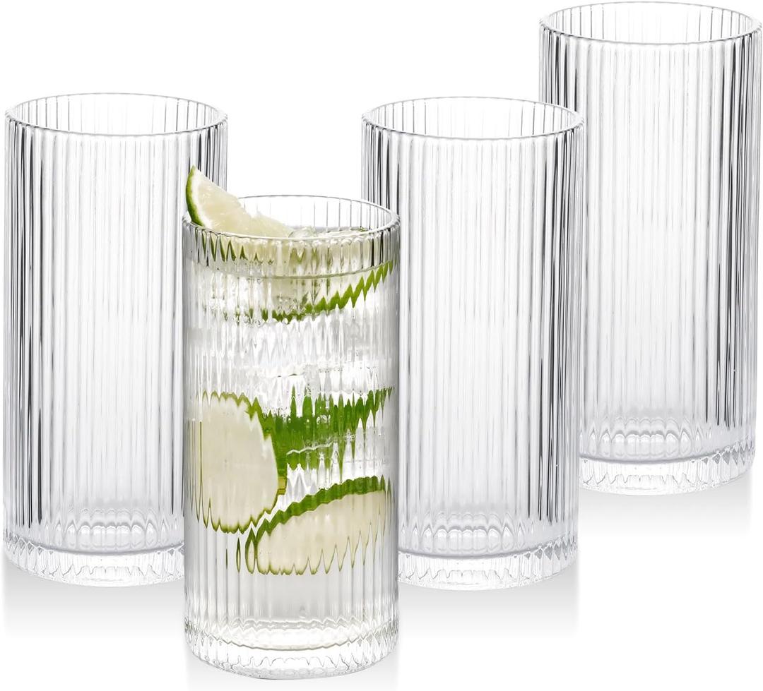 WHJY Ribbed Glassware Tall Highball Glasses Unique Everyday Drinking Glasses Set of 4 for Cocktail, Whiskey, Beer, Juice -13 oz 5.7"