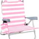 Beach Chair for Adults, 5 Position Lay Flat Backpack Beach Chair with Cooler, Cup Holder and Storage Bag, Portable Folding Heavy Duty Beach Lounger for Outdoor, Lawn, Camping, Festivals-Pink Stripe, Small