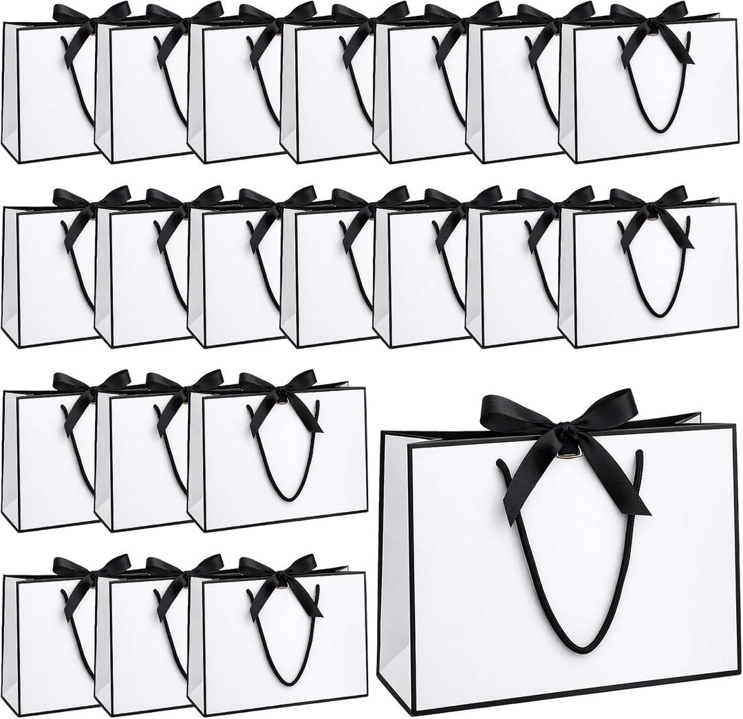 Lemecima 20 Pcs Large Bow Ribbon Gift Bags Bulk 11x4x8 Inches Elegant Black and White Paper Gift Wrap Bags with Handles for Christmas Wedding Baby Shower Birthday Party Holiday