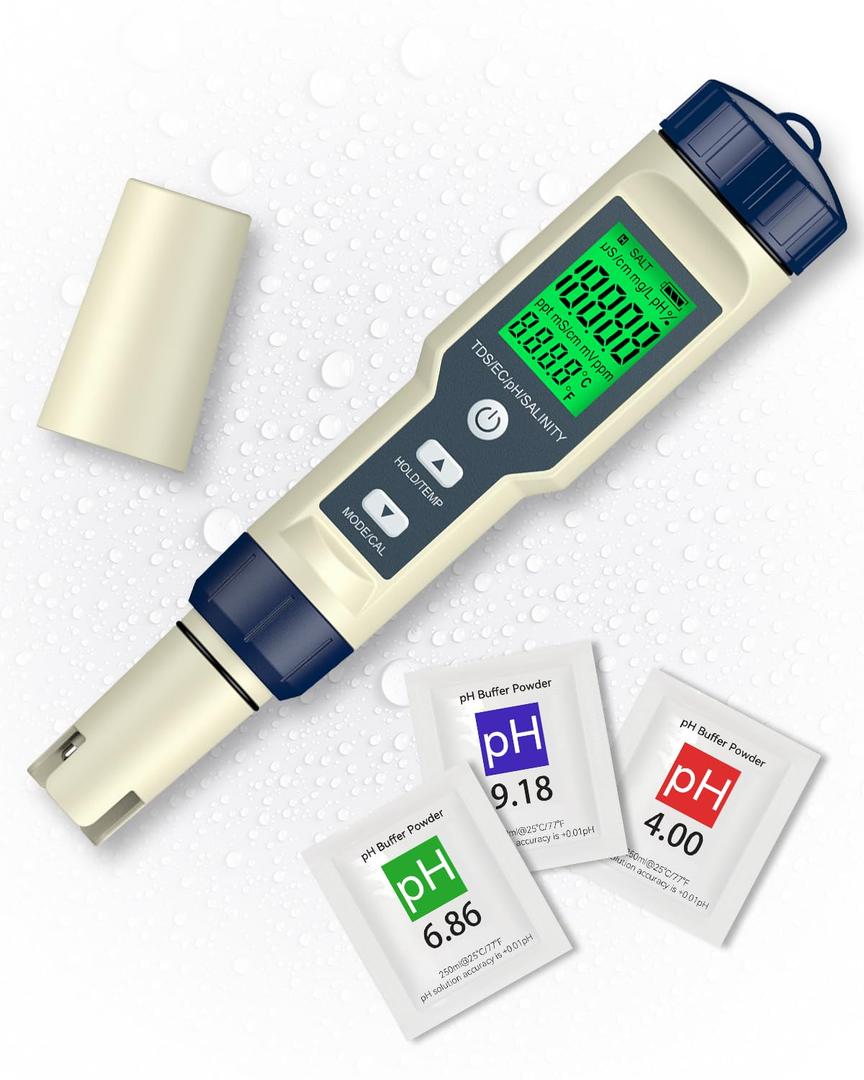 pH Chlorine Meter, Digital ORP Meter, Salinity Tester for Saltwater Pool, pH PPM EC Monitor for Hydroponics, SPA 7 in 1 pH Test Kit