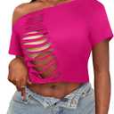 LovelyWholesale Womens Off The Shoulder Crop Tops Sexy Cut Out Ripped Short Sleeve T Shirts Hot Pink Small (Pink, S)