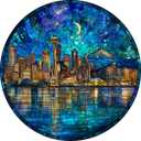 Bgraamiens 1000 Piece Jigsaw Puzzles for Adults – Seattle Skyline at Night – Stained Glass Style Cityscape with Moonlit Reflection – Artistic Urban Gift Challenge