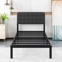 Likelalaso Twin XL Bed Frame with Upholstered Headboard, 12 inch Twin XL Metal Bed Frames, Steel Slat Support, Noise Free, No Box Spring Needed, Easy Assembly, Black