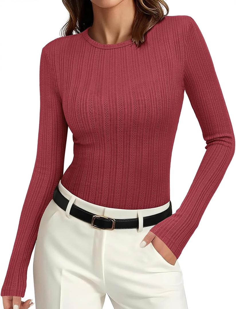PRETTYGARDEN Crew Neck Long Sleeve Cute Going Out Tops for Women 2026 Casual Basic Slim Fit Womens Pullover Shirts (Red, M)