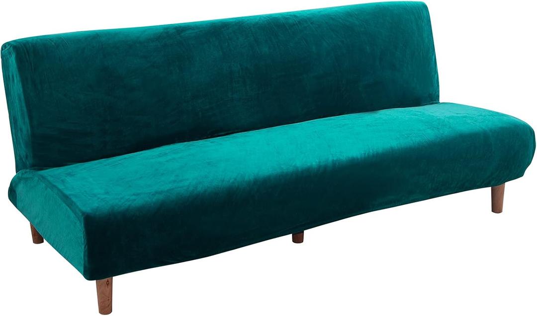 Armless Sofa Bed Cover Futon Slipcover Velvet Stretch Spandex Folding Sofa Couch Non-Armrest Furniture Protector (Velvet Bright Teal)