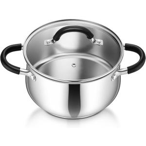 P&P CHEF Stainless Steel Stock Pot, 4 Qt Cooking Soup Pot with Visible Lid for Pasta, Tri-Ply Bottom & Dual Heatproof Handles, For Induction Gas All Stoves, Non-Toxic & Dishwasher Safe