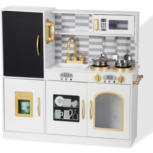 Kitchen Playset for Kids Ages 3-8, Wooden Kids Play Kitchen Chef Pretend Play Set for Toddlers, Toys Kitchen with Toy Food & Cookware Accessories