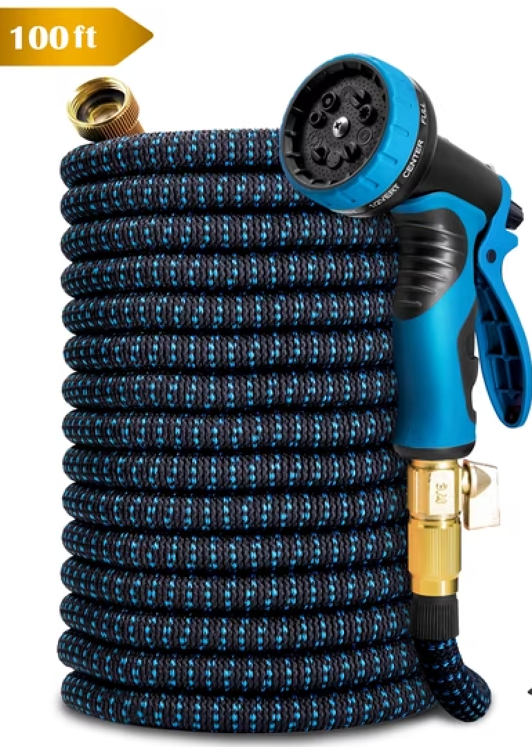 Kotto 100 ft Flexible Garden Hose, Water Hose for Outside with 10 Spray Nozzles, Brass Connector, Leak-Proof, Blue