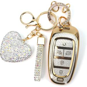 Key Fob Cover with Diamond Keychain Fit for Hyundai Car Key Holder Case Compatible with Hyundai 2023 2022 2021 2020 Sonata Santa Fe Tucson Smart Remote Key Protector, 5 Buttons (Gold-Heart)