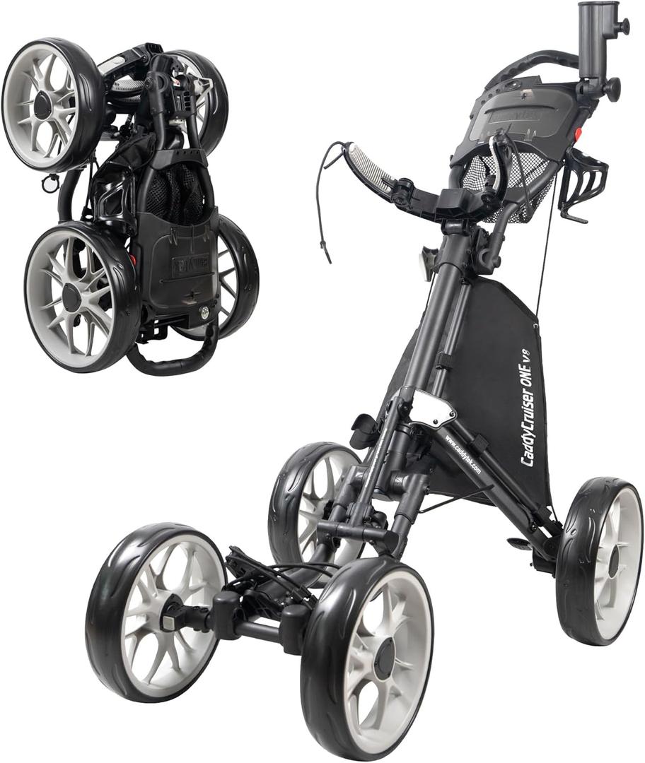 Caddytek CaddyCruiser ONE V8 4 Wheel Golf Push Cart - Lightweight Aluminum Foldable Cart with EVA Wheels, Foot Brake, Adjustable Handle, Cooler Basket, Umbrella Holder, Drink Holder, Scorecard Console, Dark Grey 