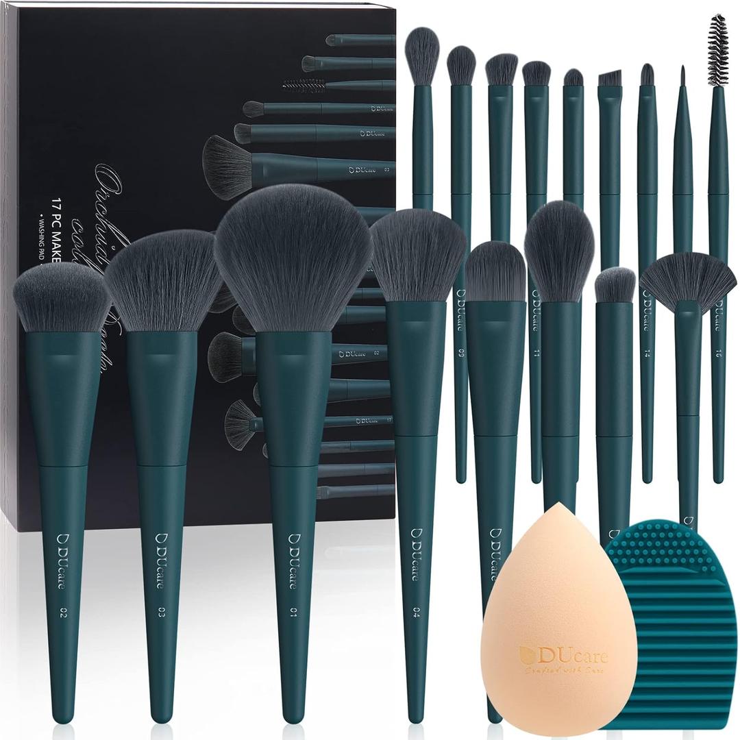 DUcare Makeup Gift Set 19 Pcs,17pcs Makeup Brushes Set 1pc Cleaning Mat 1pc Makeup Sponge Make up Brushes for Foundation,Face Blending Powder, Contour, Bronzer,Highlight, Concealer, Eyeshadow (Darkgreen)