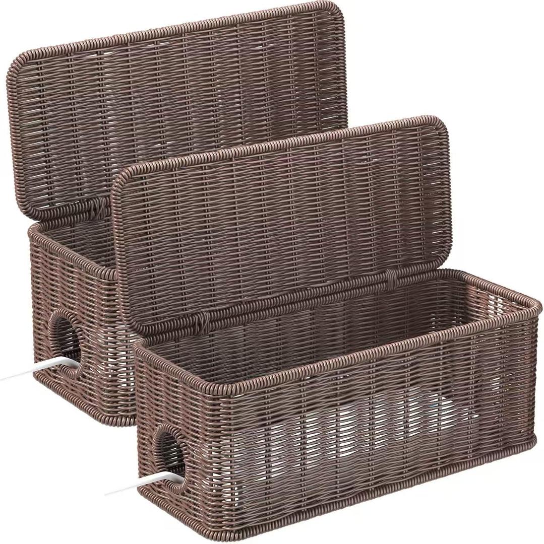 Cable Management Box,2 Open Slots Cord Organizer Hider Box with Lid,2 Pack Handwoven Imitation Rattan Cable Organizer Box for TV Wire Computer Router & Power Strip-A Style(Dark Brown)