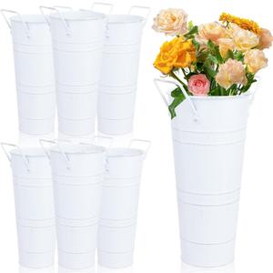 Dualshine 6 Pcs Galvanized Bucket Bar, 10 Inch Flower Bucket and Metal Vase with Handles, Farmhouse Vases for Wedding and Cut Flowers, Balcony Garden (White)