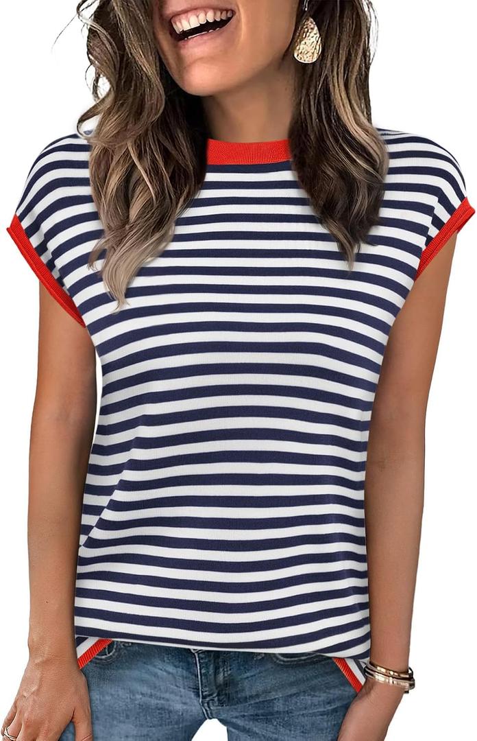 Cap Sleeve Tops for Women Summer Striped Short Sleeve Sweater Top Crew Neck Sleeveless Vest Spring Going Out Shirts, Blue, Large