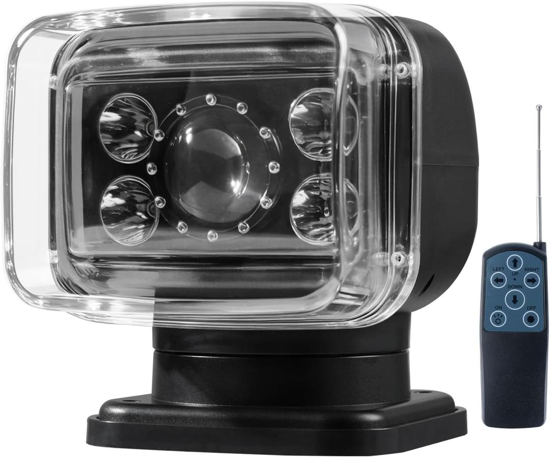 Remote Control LED Search Light,70W 6800lm LED Spotlight for Marine Offroad Pickup Hunting Go Outdoor,6 Inch,360 Rotating,12V 24V Spot Light,1 Strong Magnets