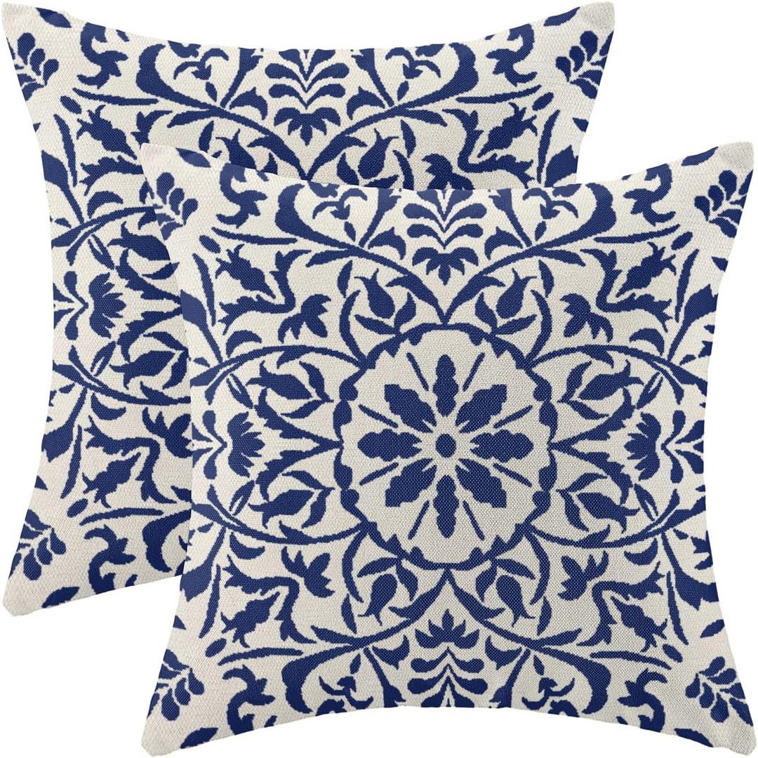 Navy Blue Boho Pillow Covers 20x20 Set of 2, Bohemian Ethnic Carpet Pattern Design Decorative Throw Pillows Linen Blue Print Farmhouse Cushion Pillow Covers for Sofa Couch Outdoor Decor