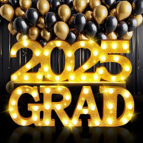 Aurelema Graduation Decorations 2025, LED Marquee Light Up Letters "GRAD 2025" Wooden Grad Party Decoration Lights for Wall Table Decor School College Party Supplies(Gold Glitter)