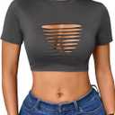 Remidoo Women's Sexy Lace Up Crop Top Short Sleeve Cropped T Shirt Cutout Graphic Tee (XL)