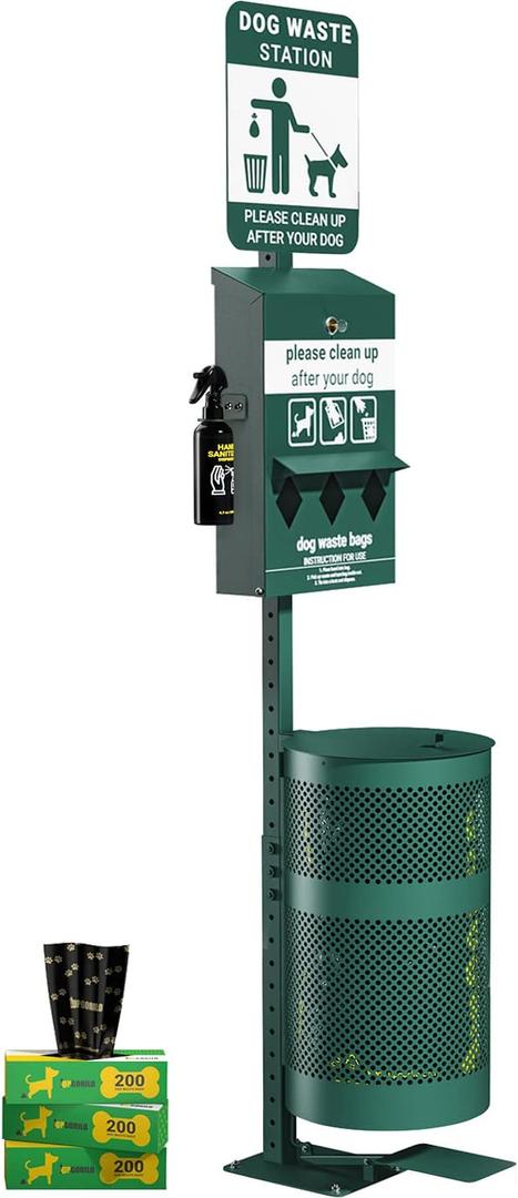 Pet Waste Station with Pedal - Includes 600 Roll Bags & 50 Can Liners - Glow in the Dark Dog Waste Station with Dog Poop Sign, Bag Dispenser, Hand Sanitizer Bottle & Outdoor Garbage Can with Lid