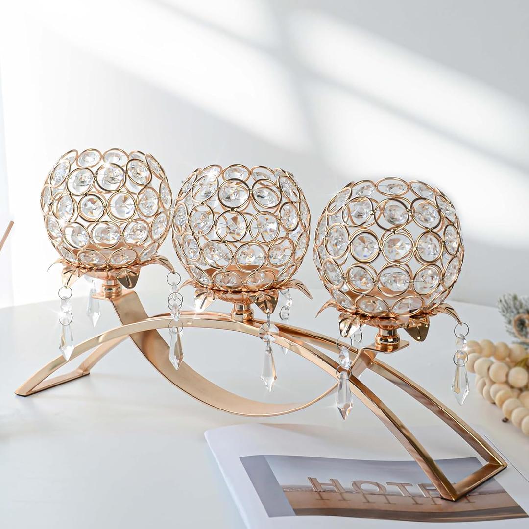 Set of 3 Gold Crystal Tea Light Candlestick Holders Flower Shape with Crystal Pendant Bowl Votive Metal Candle Holder for Table Centerpieces Wedding Home Decor (Set of 3, Gold)